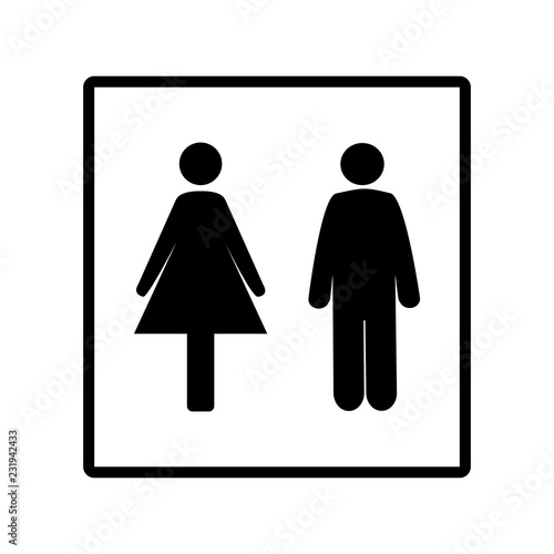 Black silhouette men and women icon in white square. Sign restroom women and men. Icon public toilette and bathroom for hygiene. Template for poster,sign. Flat vector image. Vector illustration