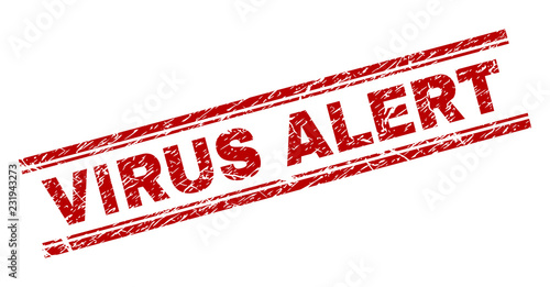 VIRUS ALERT seal print with distress texture. Red vector rubber print of VIRUS ALERT text with dirty texture. Text label is placed between double parallel lines.