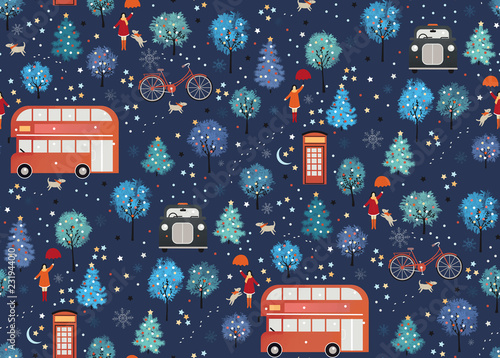 Christmas London with a adult female - seamless pattern