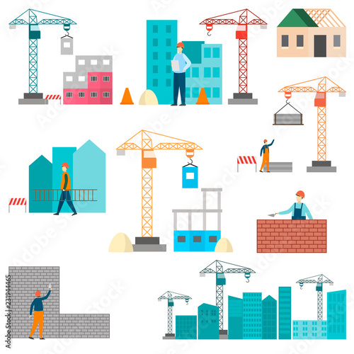 Construction process of building construction using construction machines and cranes.