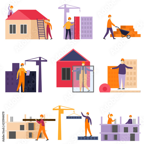 Construction process of building construction using construction machines and cranes.