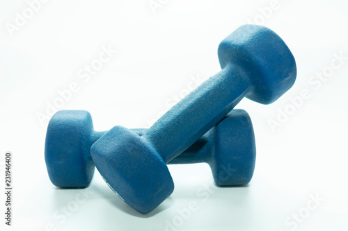 blue dumbbells for sports on a white background