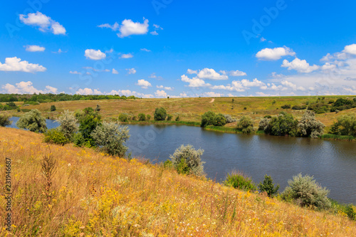 Summer landscape with beautiful lake, green meadows, hills, trees and blue sky