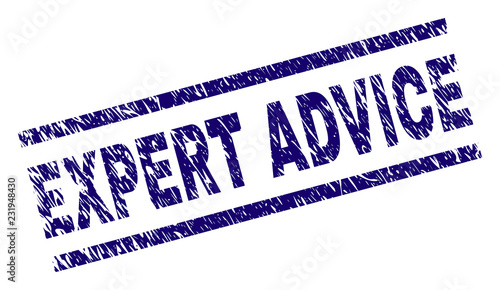 EXPERT ADVICE seal print with distress style. Blue vector rubber print of EXPERT ADVICE text with corroded texture. Text tag is placed between parallel lines.