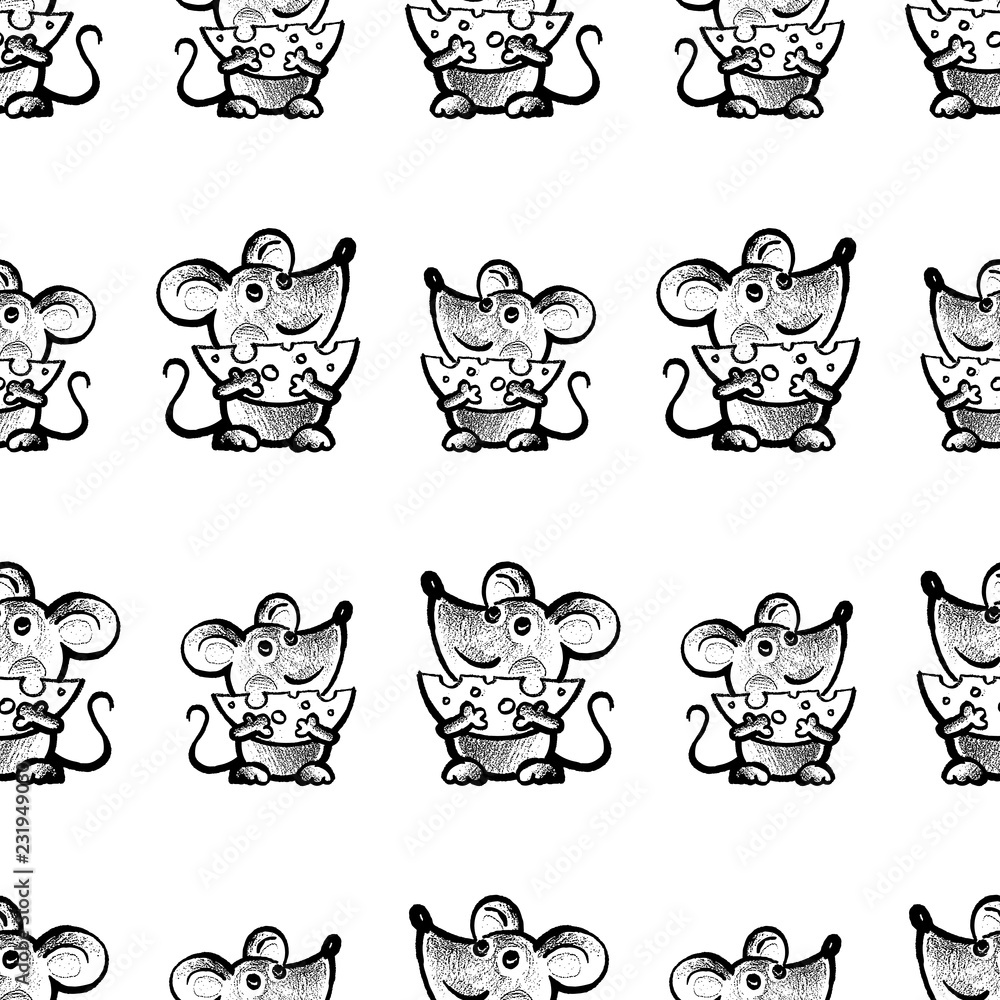 Seamless background of funny mice with cheese