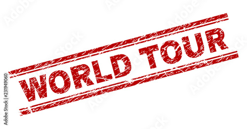 WORLD TOUR seal print with corroded style. Red vector rubber print of WORLD TOUR text with unclean texture. Text title is placed between double parallel lines.