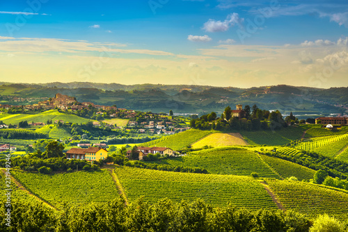 Langhe vineyards sunset panorama, Roddi village, Piedmont, Italy Europe.
