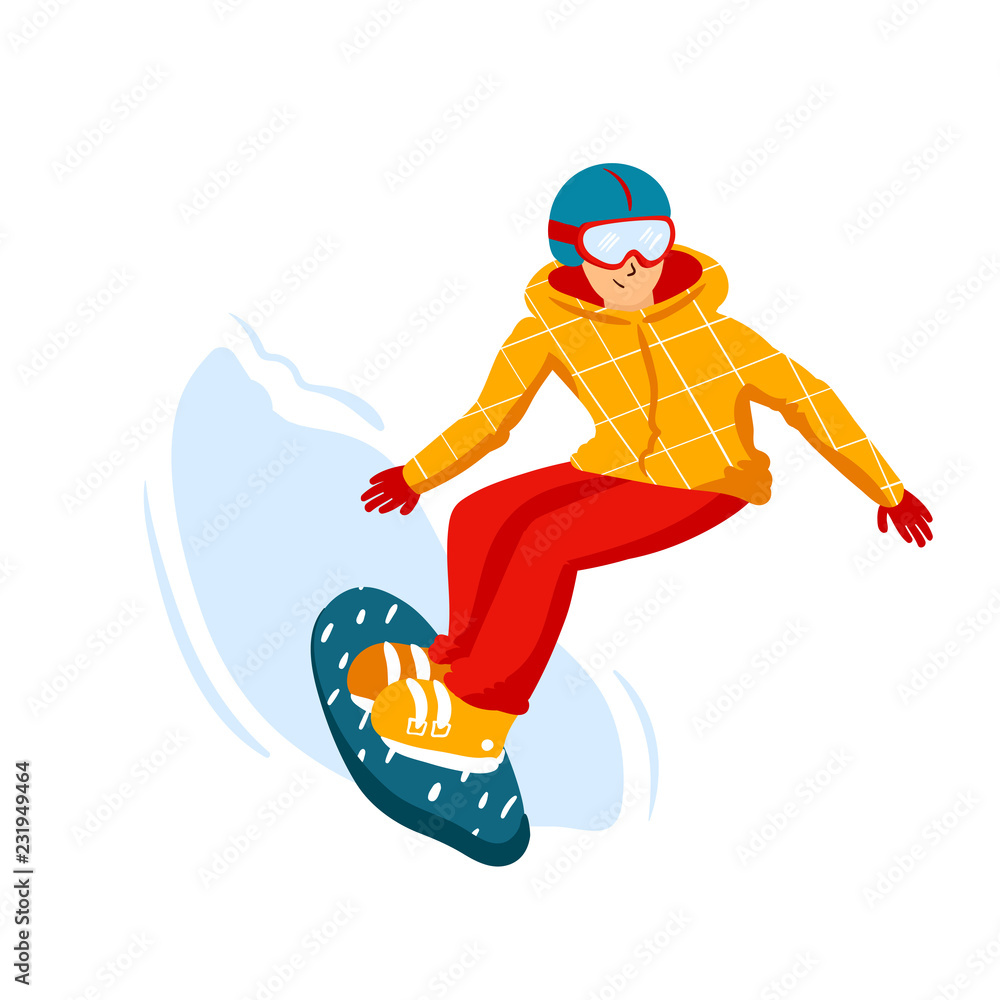 cartoon snowboard riders, men. Winter mountain sports activity, ski resort vacation. Vector illustration in simple flat style.