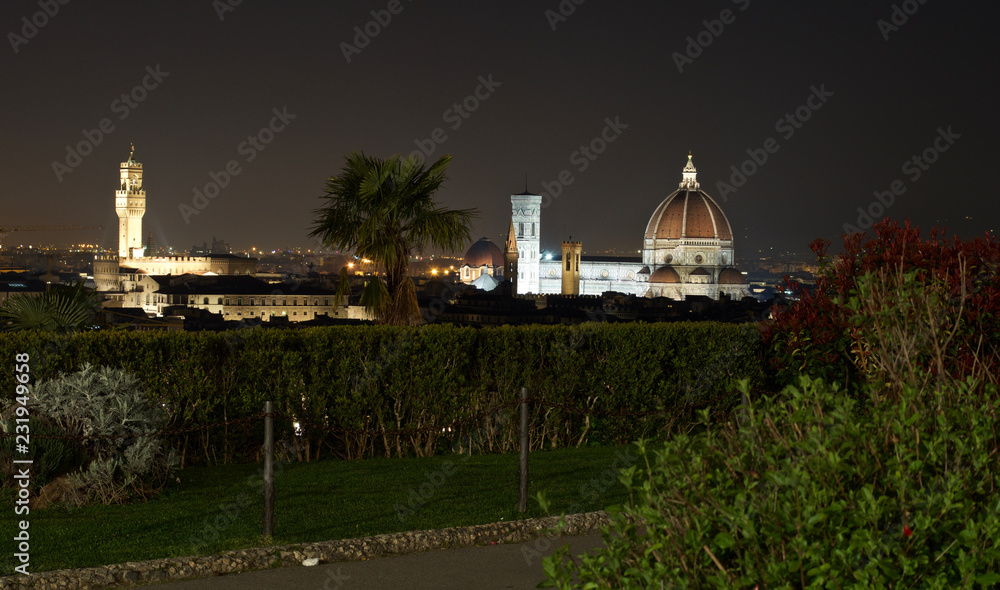 i più famosi monumenti di Firenze, Palazzo Vecchio e Duomo, Cupola di Brunelleschi e Campanile di Giotto visti da Piazzale Michelangelo di notte