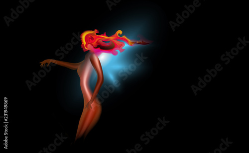 Abstract art fantastic girl. Cosmic glow fire silhouette view side. Excellent depicting light female body fire theme illustration. Vector