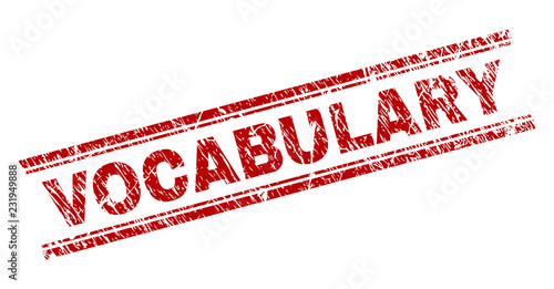 VOCABULARY seal stamp with grunge texture. Red vector rubber print of VOCABULARY title with unclean texture. Text title is placed between double parallel lines.