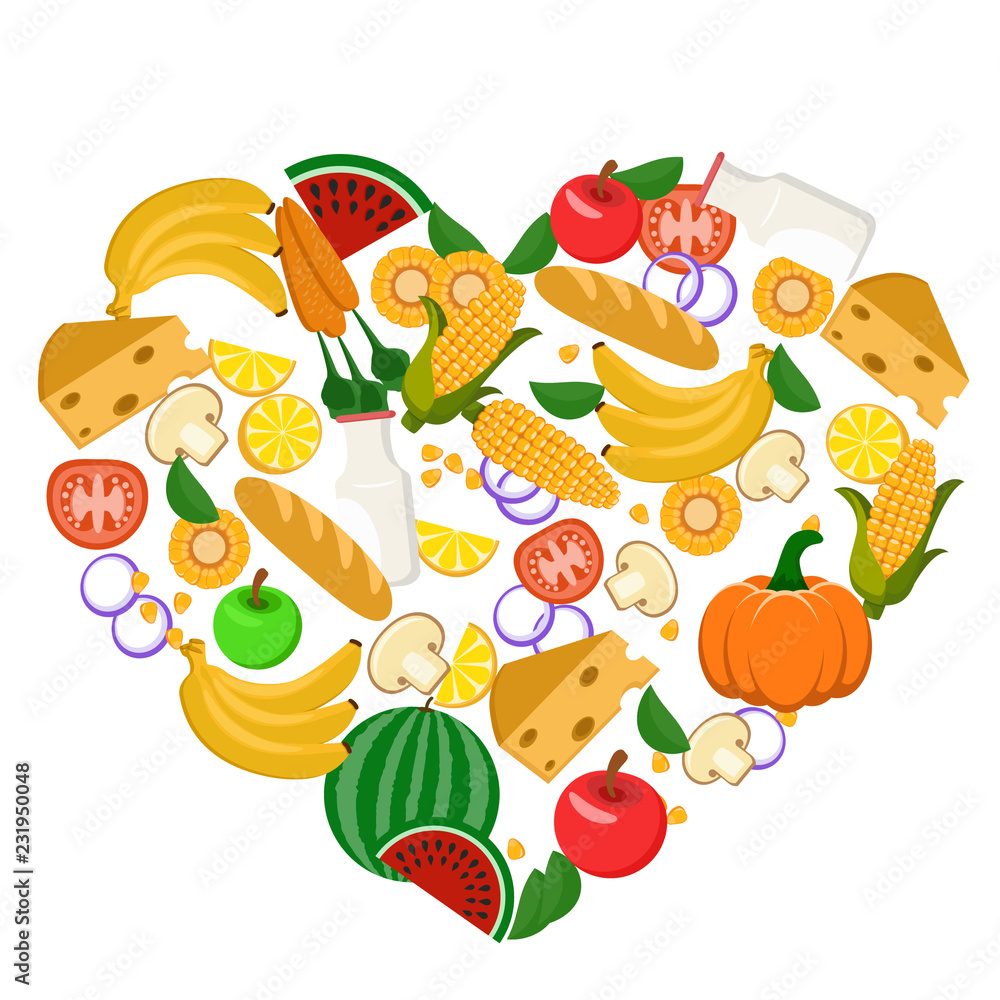 Heart lined with vegetables, fruits, bread and milk. Healthy diet. Heart lined with vegetables, fruits, bread and milk. Healthy diet.