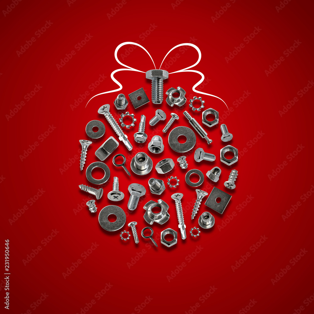 bolts, nuts, nails, screws, tools christmas decorations red - obrazy, fototapety, plakaty 