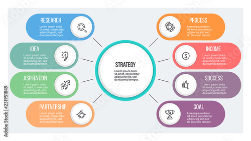 Business infographic. Organization chart with 8 options. Vector template.