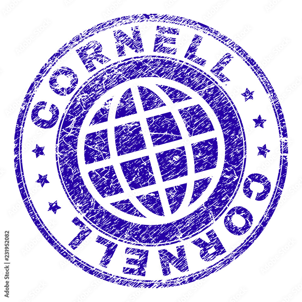 CORNELL stamp print with grunge texture. Blue vector rubber seal print of CORNELL label with scratched texture. Seal has words placed by circle and planet symbol.
