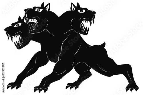 Angry three-headed dog Cerberus in attack pose. Isolated black figure on white background.