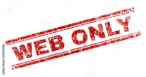 WEB ONLY seal stamp with corroded effect. Red vector rubber print of WEB ONLY text with corroded texture. Text tag is placed between double parallel lines.