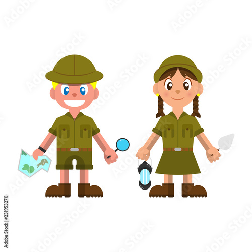 Little Adventurer wearing Scout Uniform and ready for excavation - flat design - Cartoon Vector