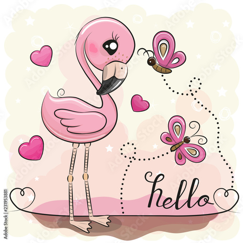 Cute Flamingo with hearts and butterflies