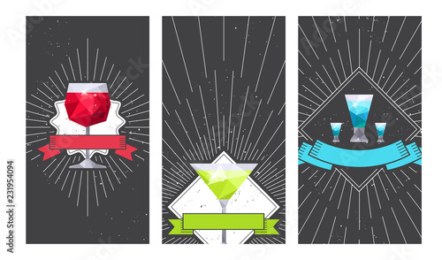 Wine, martini and tequila glasses. Drink party design flyers for bar