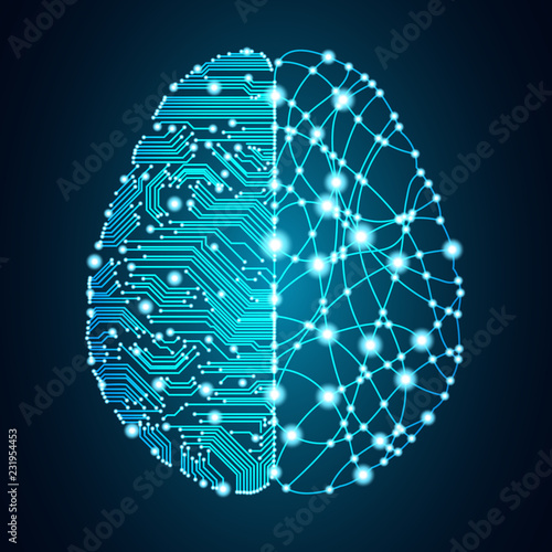 Big data and artificial intelligence concept. Machine learning and cyber mind domination concept in form of human brain outline outline with circuit board and binary data flow on blue background. photo