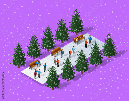 Christmas city isometric urban winter quarter in the snow and in snowflakes, snowstorms and the festive landscape of the New Year holidays