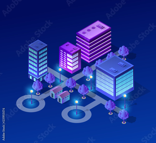 Vector isometric urban architecture building of modern city with street, skyscraper, and town, house. For business illustration and construction map shape background
