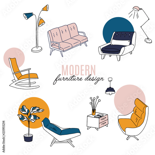 Isolated home decor elements in hand drawn style. Vector scandinavian interior design . Illustration of furniture: bedside table, flowers, sofa, lamp, chair. 60s style home decor illustration.