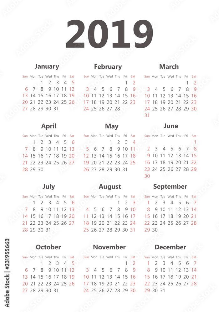 Vector pocket 2019 year calendar Vector pocket 2019 year calendar