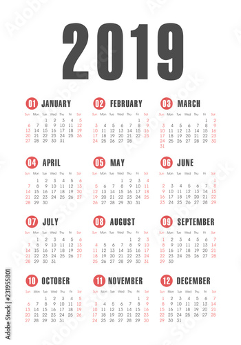 Vector pocket 2019 year calendar