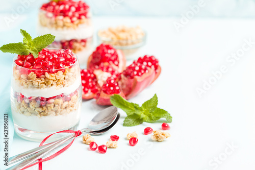 Pomegranate parfait - sweet organic layered dessert with granola flakes, yogurt and ripe fruit seeds. © Yuliia Osadcha