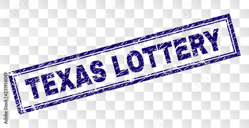 TEXAS LOTTERY stamp seal print with rubber print style and double framed rectangle shape. Stamp is placed on a transparent background.