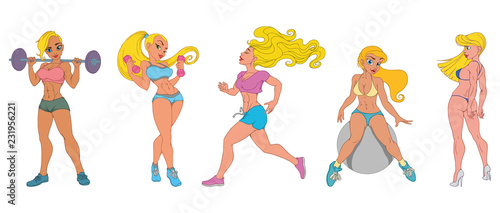 set of sexy sport girls blondes vector illustration
