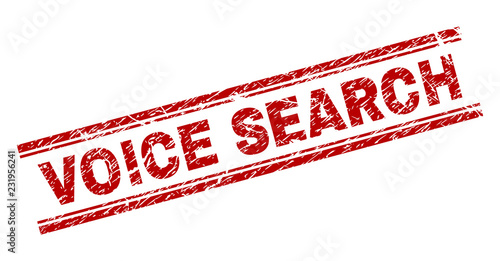 VOICE SEARCH seal print with distress effect. Red vector rubber print of VOICE SEARCH caption with unclean texture. Text caption is placed between double parallel lines.