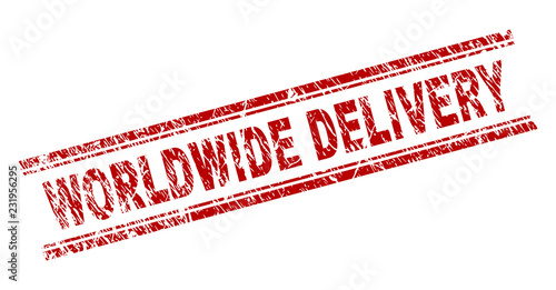 WORLDWIDE DELIVERY seal stamp with corroded effect. Red vector rubber print of WORLDWIDE DELIVERY text with corroded texture. Text caption is placed between double parallel lines.