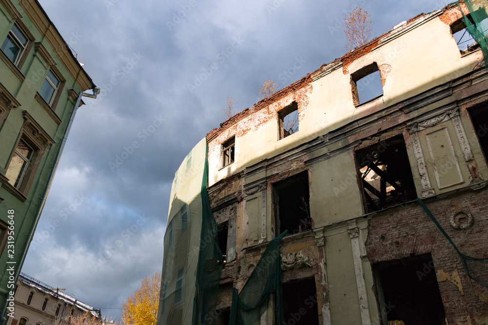 View of the abandoned dilapidated 19th century russian building