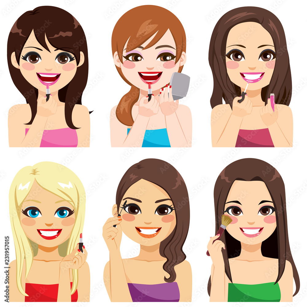 Set collection of happy woman applying make up on face Set collection of happy woman applying make up on face
