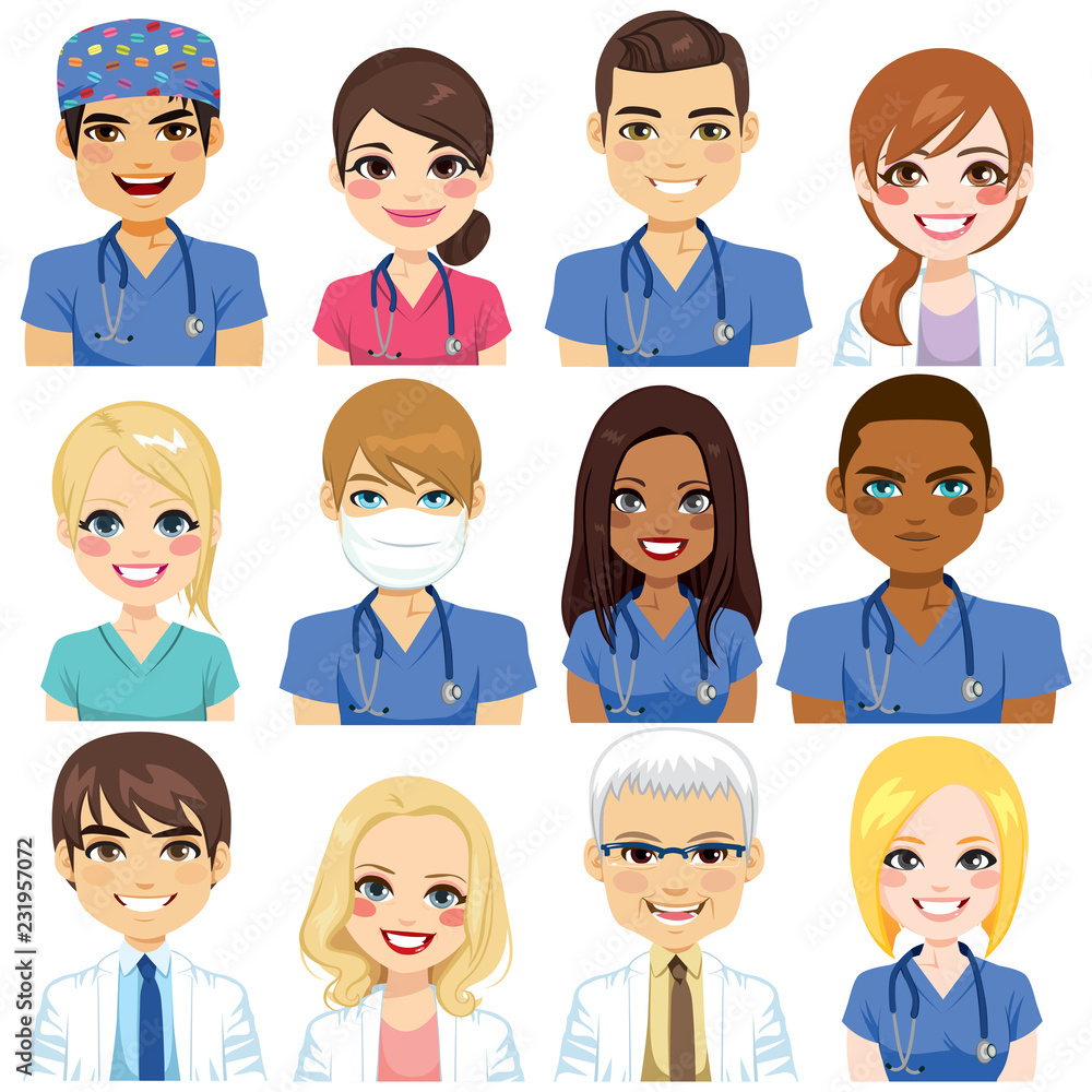 Hospital worker avatars team of doctors and nurses