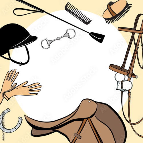 Equestrian horse sport flat lay and free copy space. Belt frame riding gear tack tool. Hand drawn vector bit, saddle, bridle, helmet, whip. Overhead concept banner background with harness equipment.