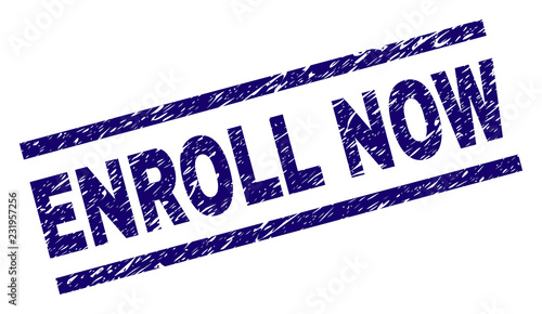 ENROLL NOW seal print with distress style. Blue vector rubber print of ENROLL NOW text with grunge texture. Text title is placed between parallel lines.