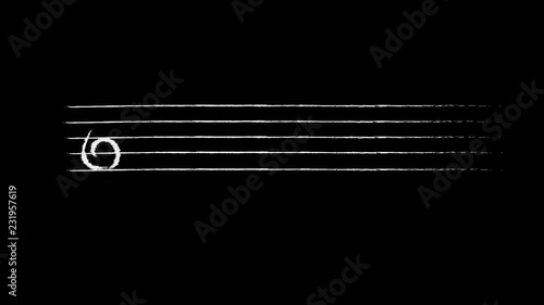 Key and Musical Pentagram whit Notes Black  background. Sequence of drawn lines.