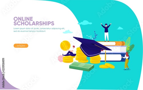 online scholarships concept vector illustration, group of people on stack of money and book, can use for, landing page, template, ui, web, mobile app, poster, banner, flyer