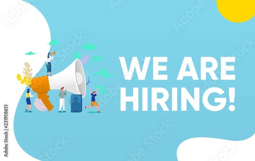 We are hiring, people shouting on megaphone   with we are hiring word vector illustration concept, can use for, landing page, template, ui, web, mobile app, poster, banner, flyer, background