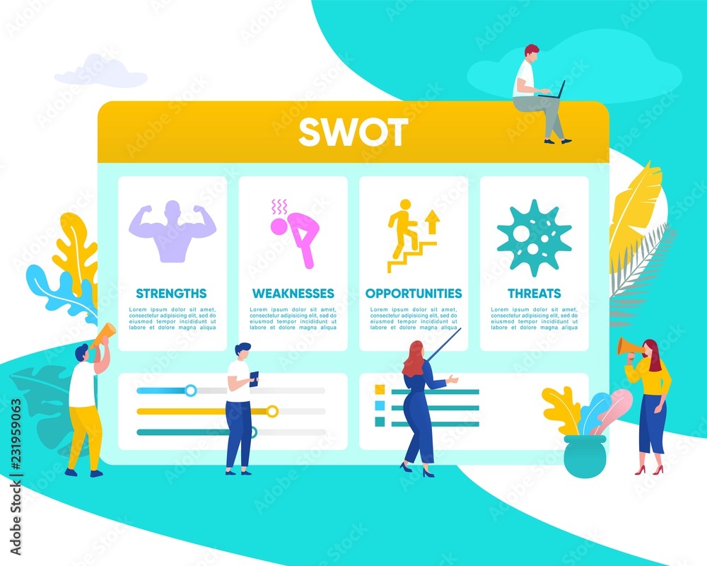 vector illustration group of people learning SWOT, can be use for landing page, web, ui, banner, poster, template, flyer, wallpaper