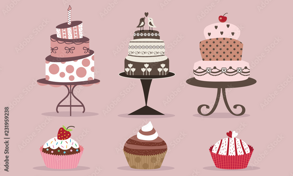 Set of Cakes Illustration. Cupcake Clipart Set. Collection of Cakes and Cupcakes Set of Cakes Illustration. Cupcake Clipart Set. Collection of Cakes and Cupcakes