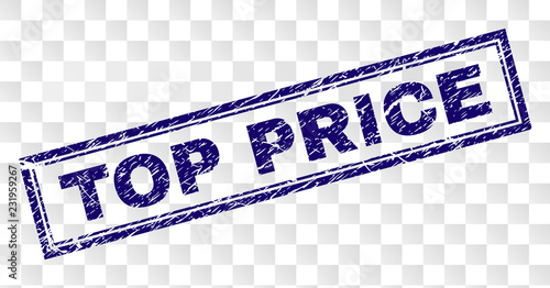 TOP PRICE stamp seal print with rubber print style and double framed rectangle shape. Stamp is placed on a transparent background. Blue vector rubber print of TOP PRICE text with dust texture.