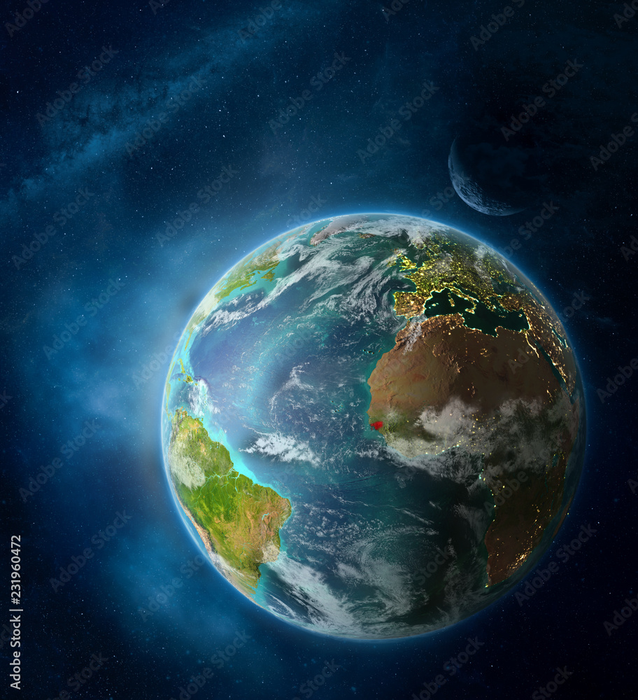 Guinea-Bissau from space on Earth surrounded by space with Moon and Milky Way. Detailed planet surface with city lights and clouds. Guinea-Bissau from space on Earth surrounded by space with Moon and Milky Way. Detailed planet surface with city lights and clouds.