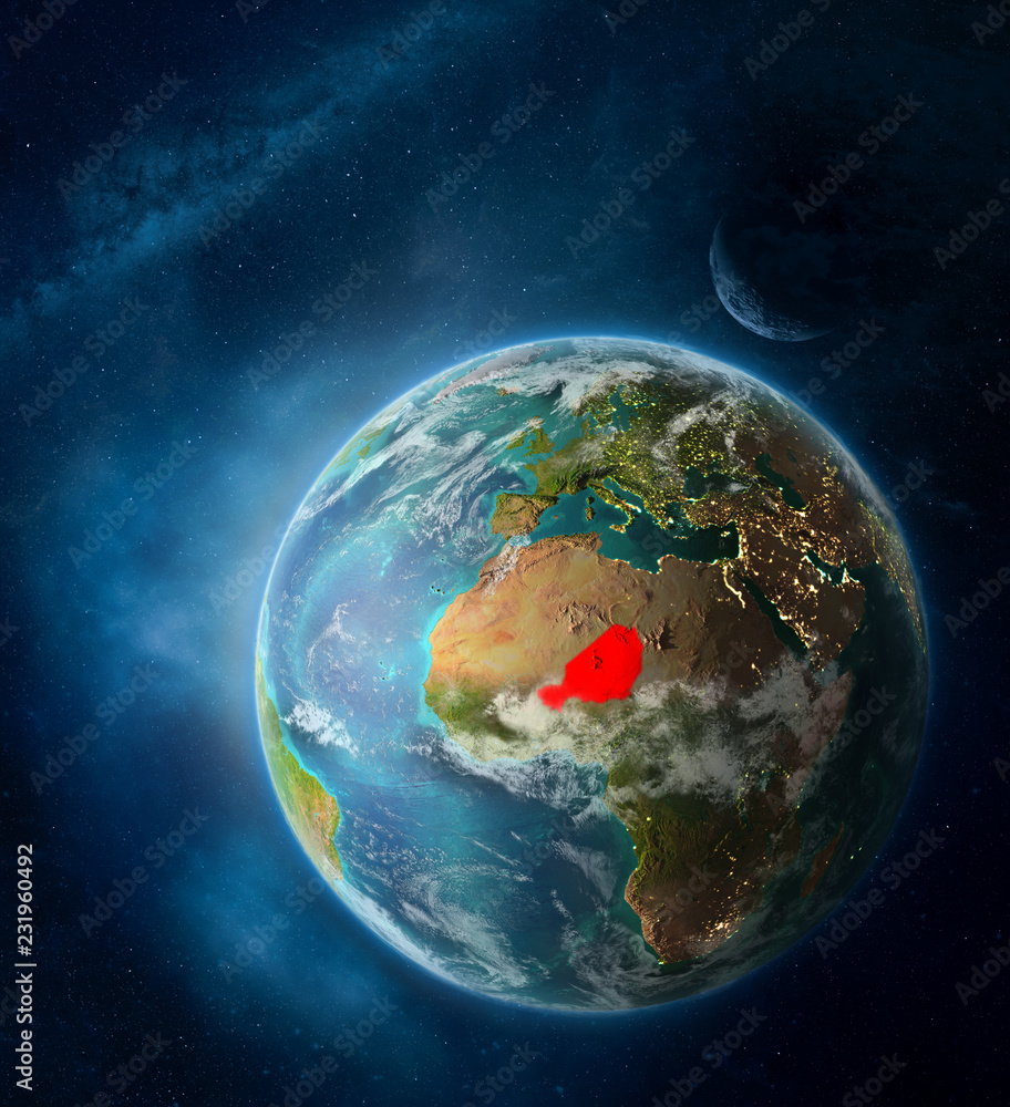Niger from space on Earth surrounded by space with Moon and Milky Way. Detailed planet surface with city lights and clouds. Niger from space on Earth surrounded by space with Moon and Milky Way. Detailed planet surface with city lights and clouds.