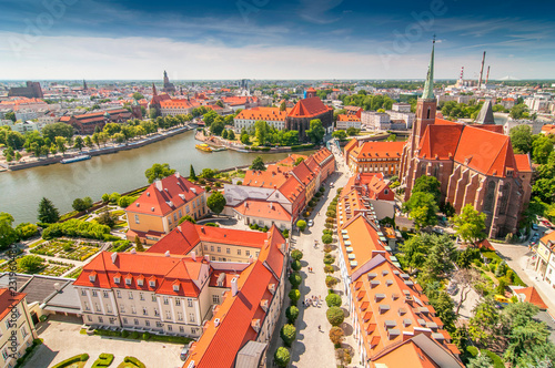 Panoramic view of the old city from St. Johns cathedral tower, Cathedral Island, Wroclaw, Poland.