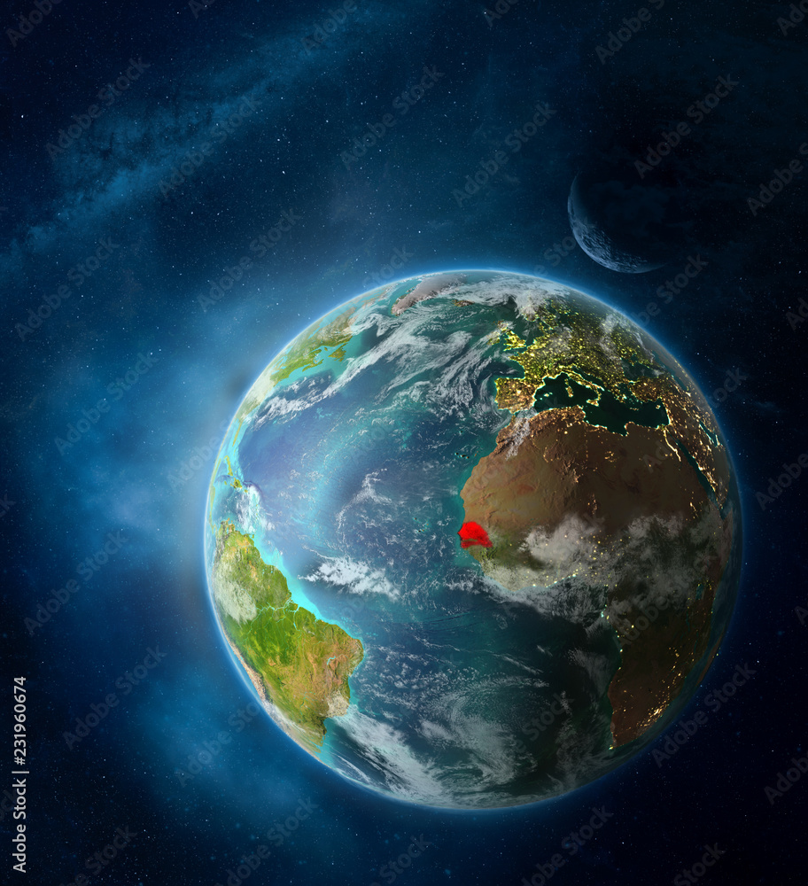 Senegal from space on Earth surrounded by space with Moon and Milky Way. Detailed planet surface with city lights and clouds. Senegal from space on Earth surrounded by space with Moon and Milky Way. Detailed planet surface with city lights and clouds.
